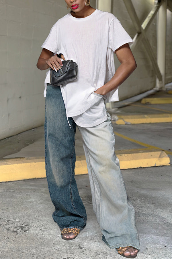 Stylish Tie Waist Two Tone Faded Jeans