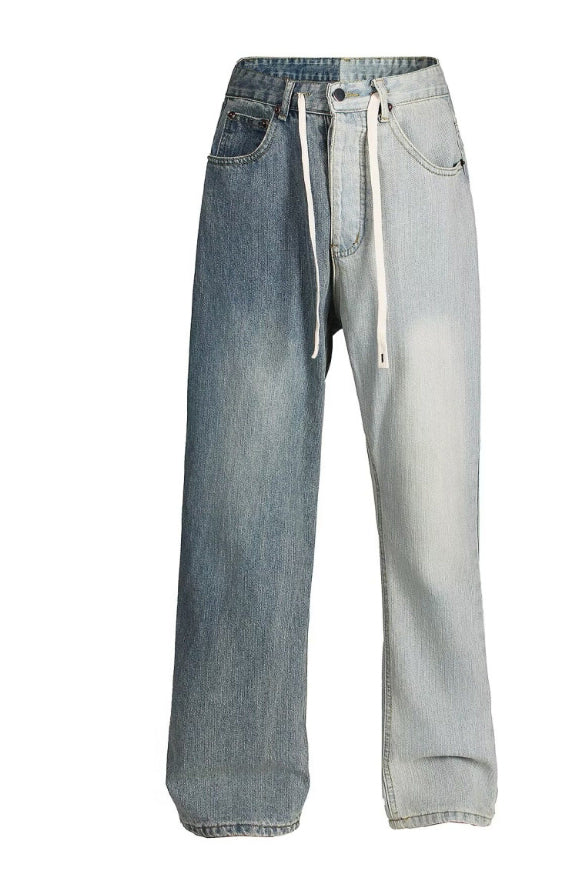 Stylish Tie Waist Two Tone Faded Jeans