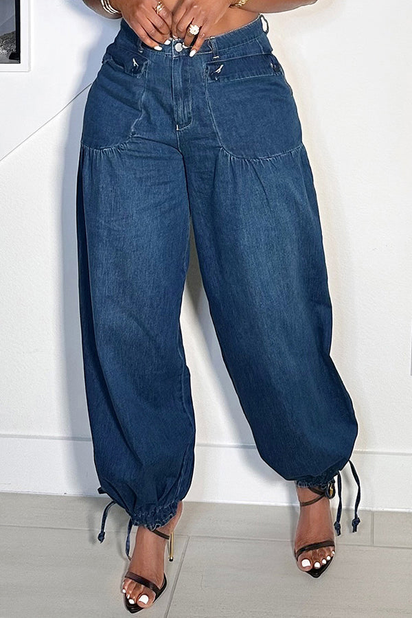 Street Bleached Washed Drawstring Jeans*
