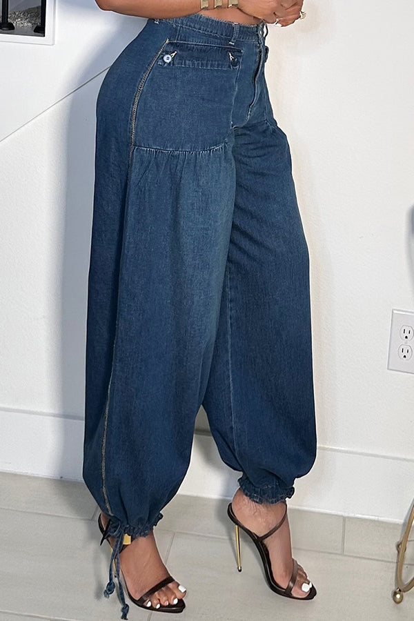 Street Bleached Washed Drawstring Jeans*