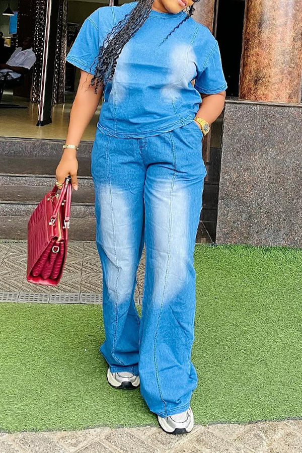 Trendy Bleached Denim Short Sleeve Top & Pants Set