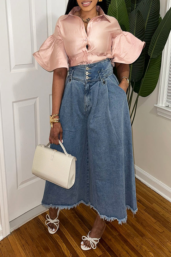 Comfortable Washed Raw Edge Wide Hem Denim Skirt