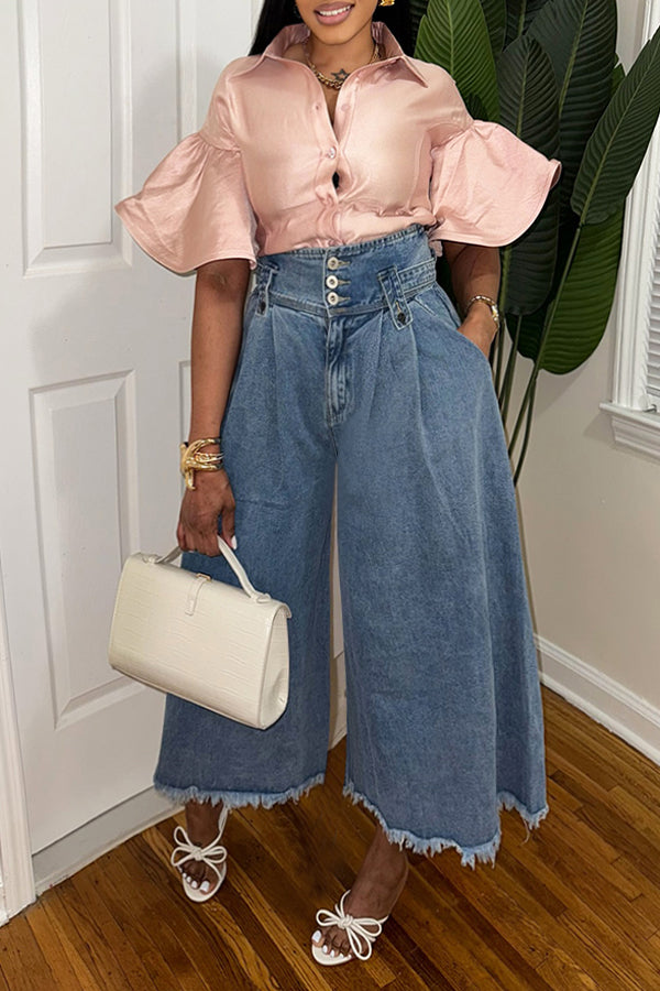 Comfortable Washed Raw Edge Wide Leg Jeans