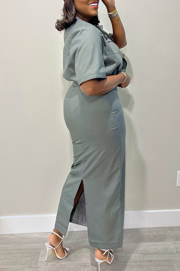 Casual Striped Pocket Button Decorated Top & Skirt Set