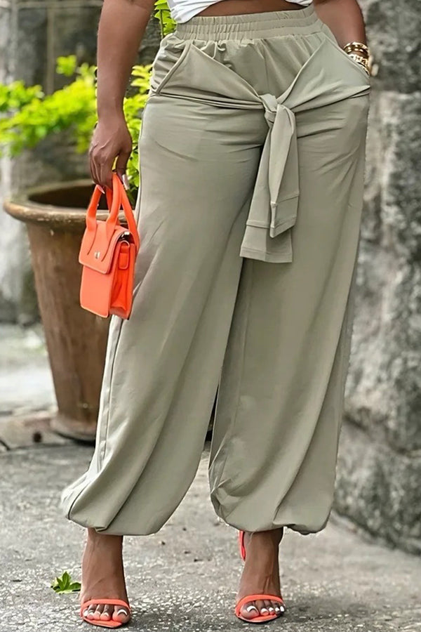 Casual Roomy Pocket Tie Front Jogging Pants