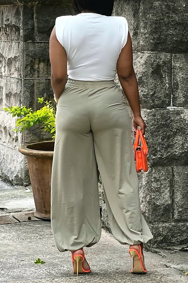 Casual Roomy Pocket Tie Front Jogging Pants