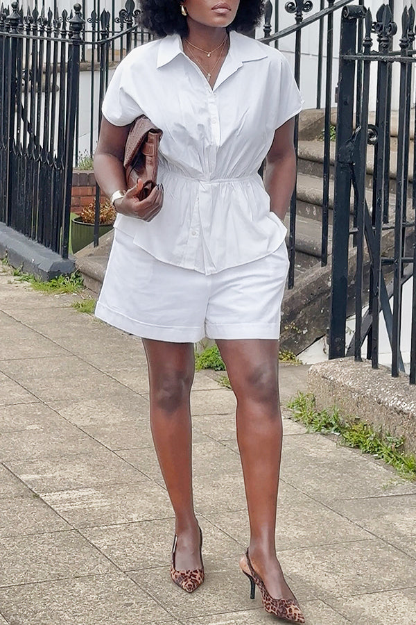 Casual Waist Cotton Shirt & Wide Leg Shorts Set