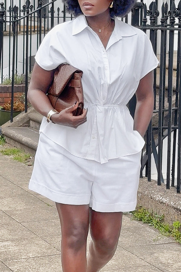 Casual Waist Cotton Shirt & Wide Leg Shorts Set