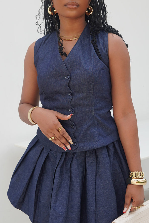 Vintage Denim Single Breasted Vest & Pleated Skirt Set
