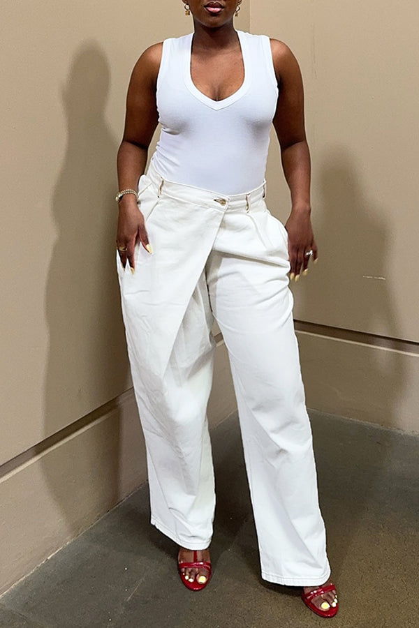 Casual Patchwork Asymmetric High Waist Straight Jeans