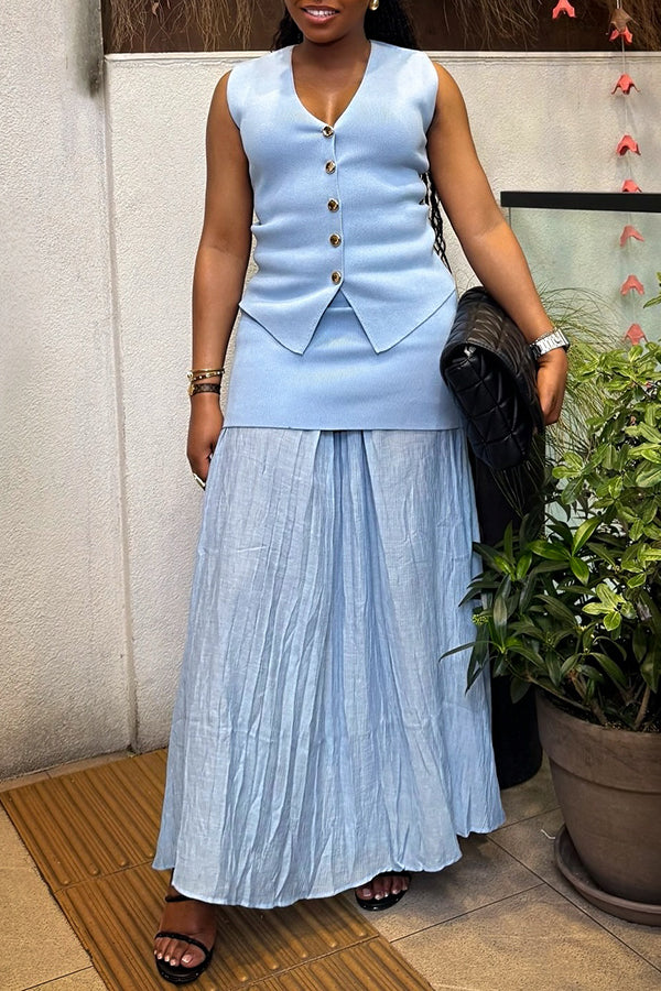 Elegant Metal Button Knit Top & Pleated Skirt Set