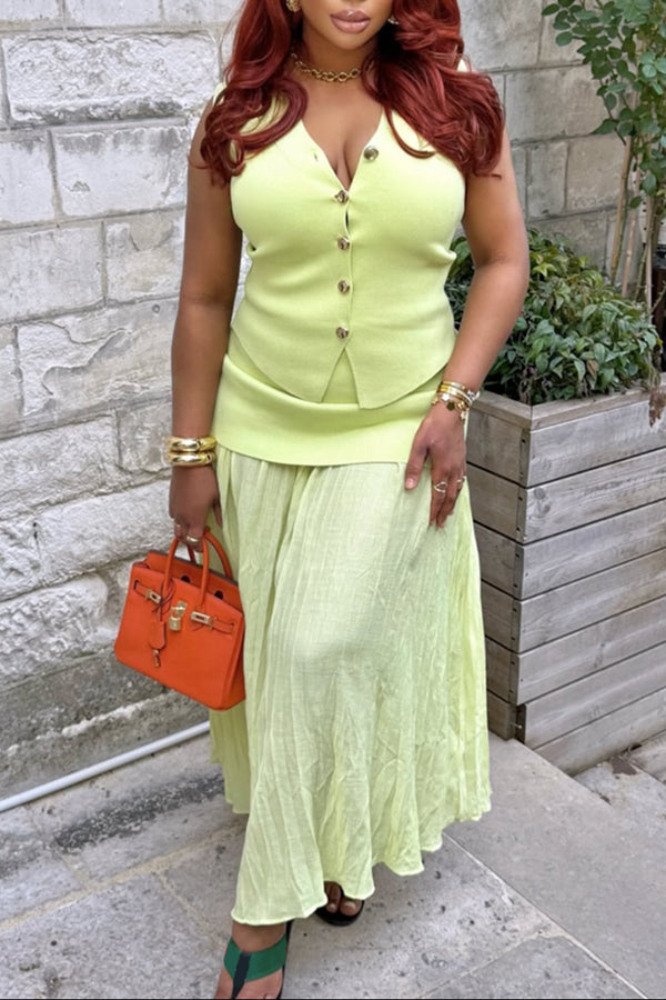 Elegant Metal Button Knit Top & Pleated Skirt Set