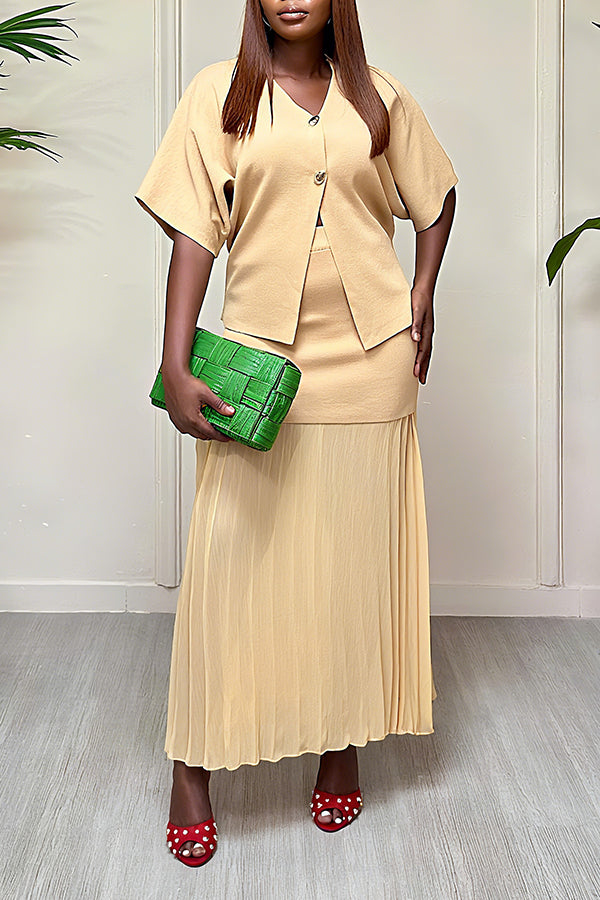 Elegant V-neck Top & Pleated Patchwork Skirt Set