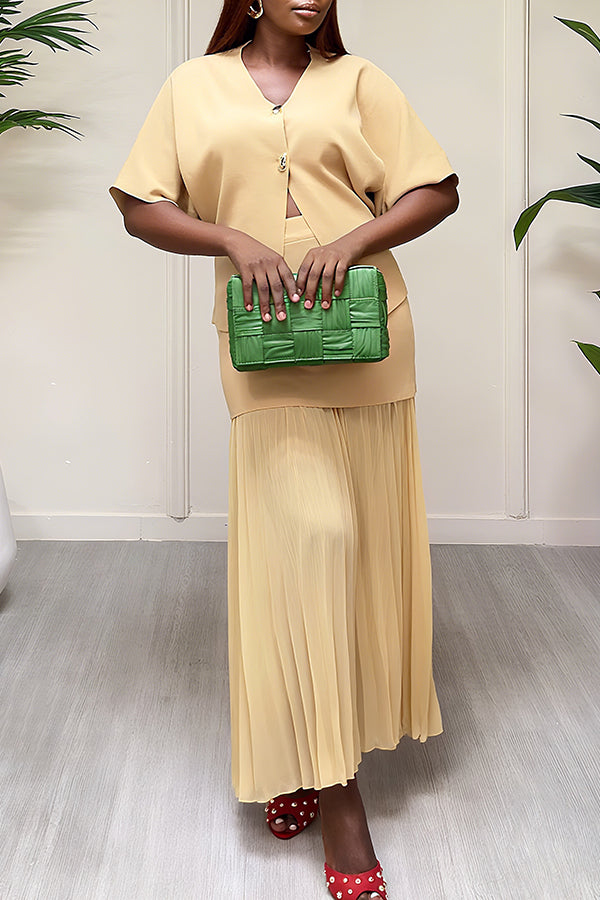 Elegant V-neck Top & Pleated Patchwork Skirt Set