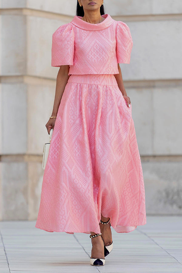 Stunning Puff Sleeve Jacquard Top & Long Skirt Set