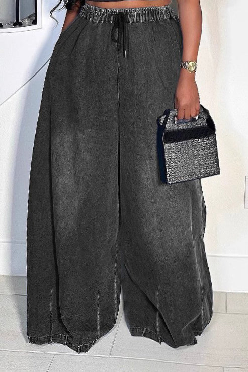 Loose Fit Drawstring High Waist Wide Leg Jeans*