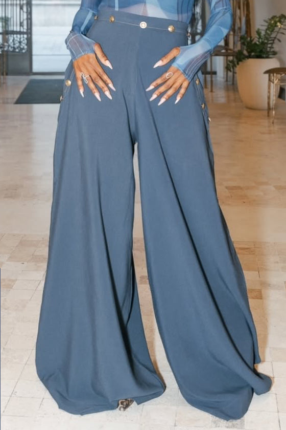 Stylish Button Embellished High Waist Wide Leg Pants