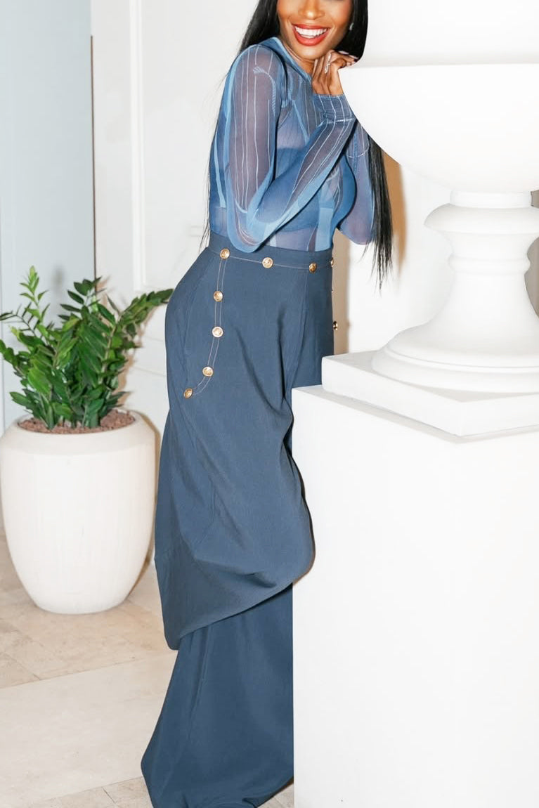 Stylish Button Embellished High Waist Wide Leg Pants