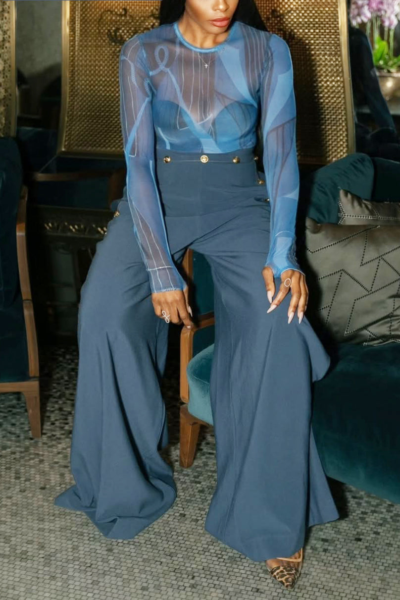 Stylish Button Embellished High Waist Wide Leg Pants