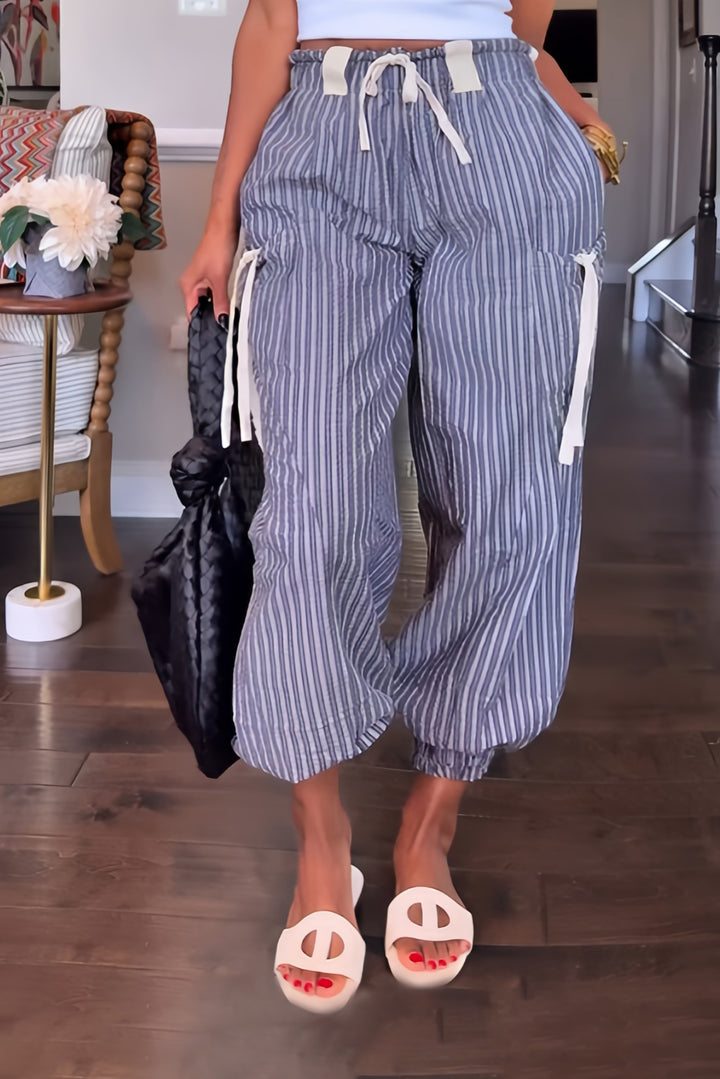 Stylish Striped Drawstring Waist Jogger Ankle Pants
