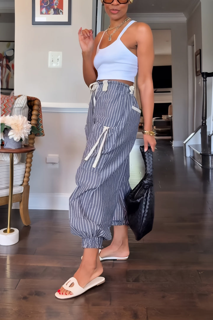 Stylish Striped Drawstring Waist Jogger Ankle Pants