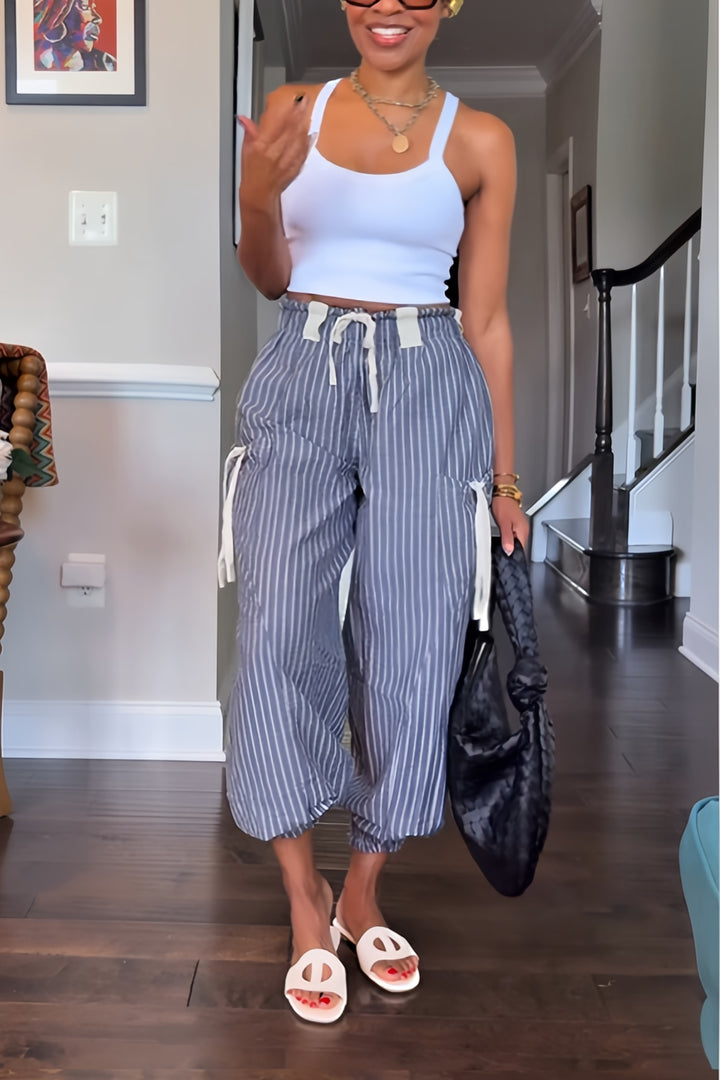 Stylish Striped Drawstring Waist Jogger Ankle Pants