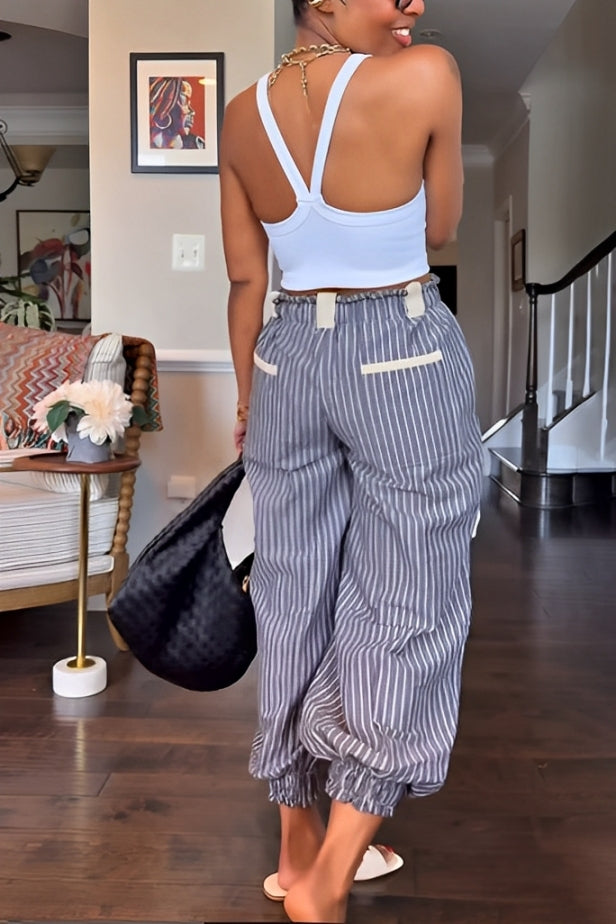 Stylish Striped Drawstring Waist Jogger Ankle Pants