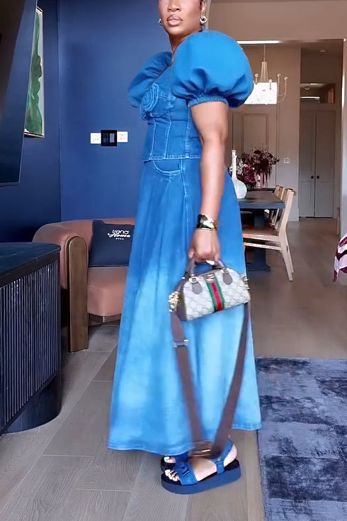 Cute 3D Flower Denim Top & Gradient Skirt Set