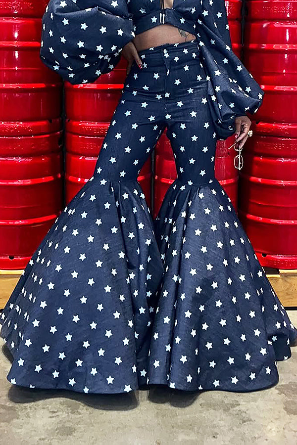 Western Star Print High Waist Ruffled Flared Pants