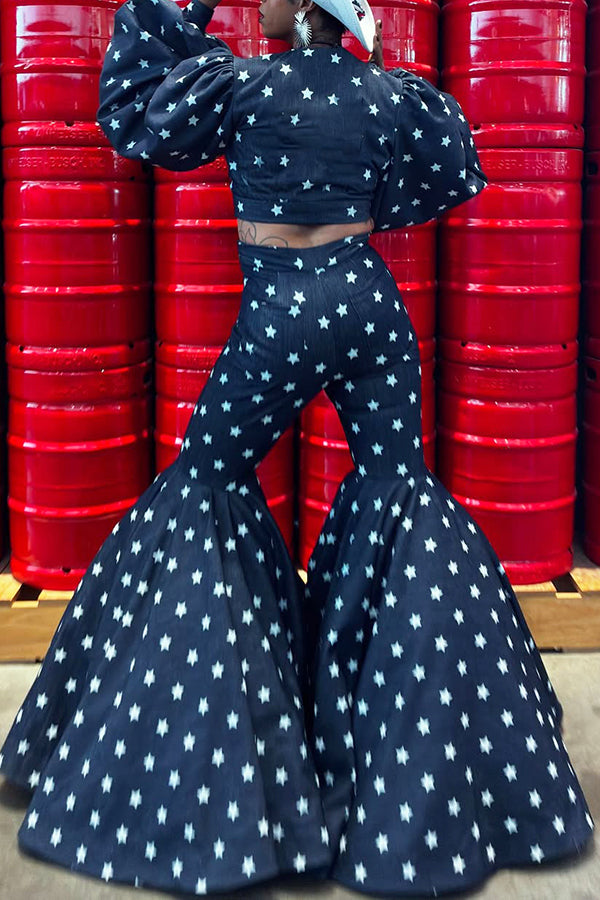 Western Star Print High Waist Ruffled Flared Pants