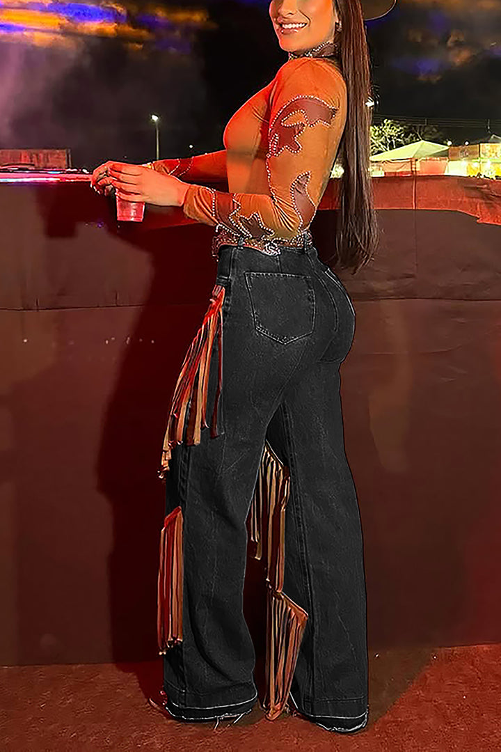 Western Tassel Patchwork High Waist Pants