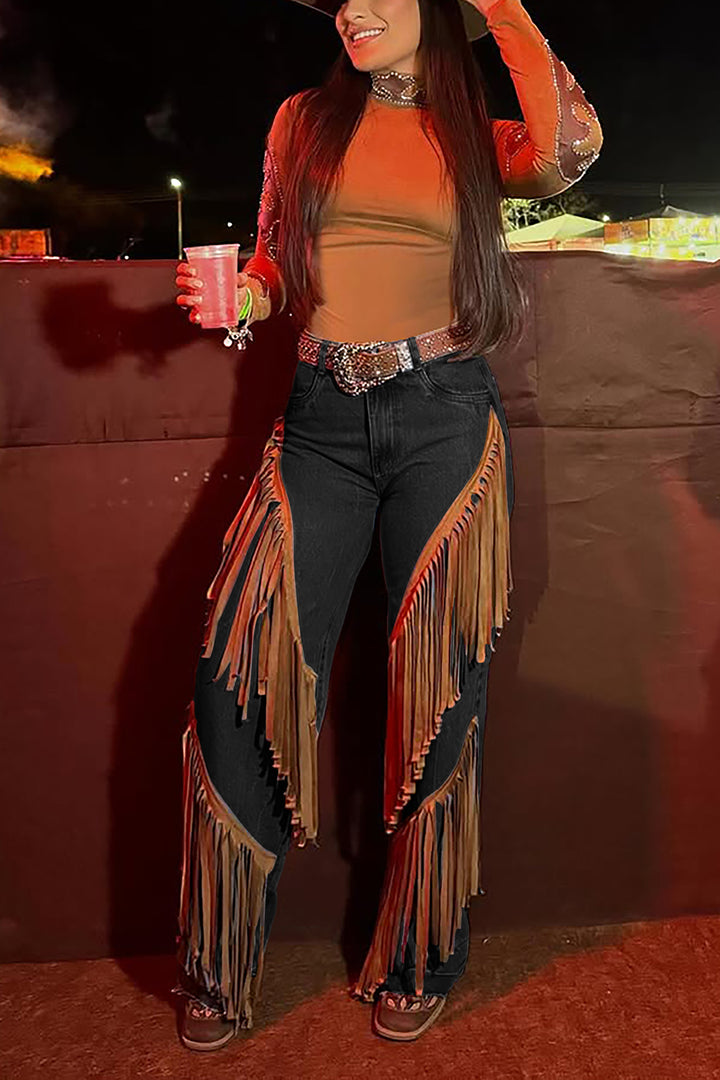 Western Tassel Patchwork High Waist Pants