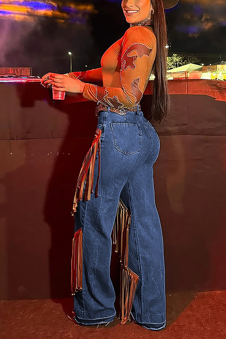 Western Tassel Patchwork High Waist Pants