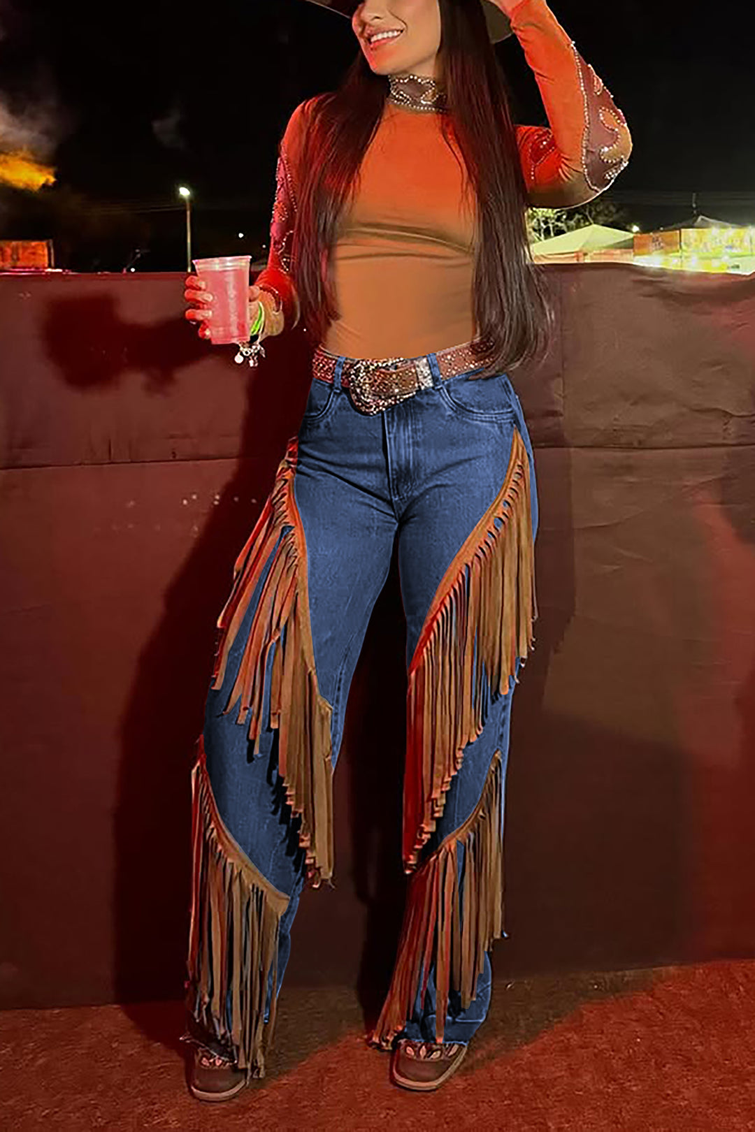 Western Tassel Patchwork High Waist Pants