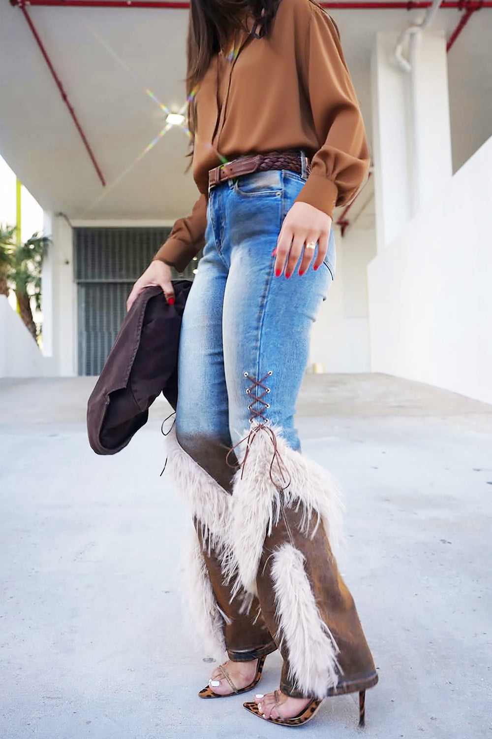 Western Color Block Lacing Faux Fur Bootcut Jeans