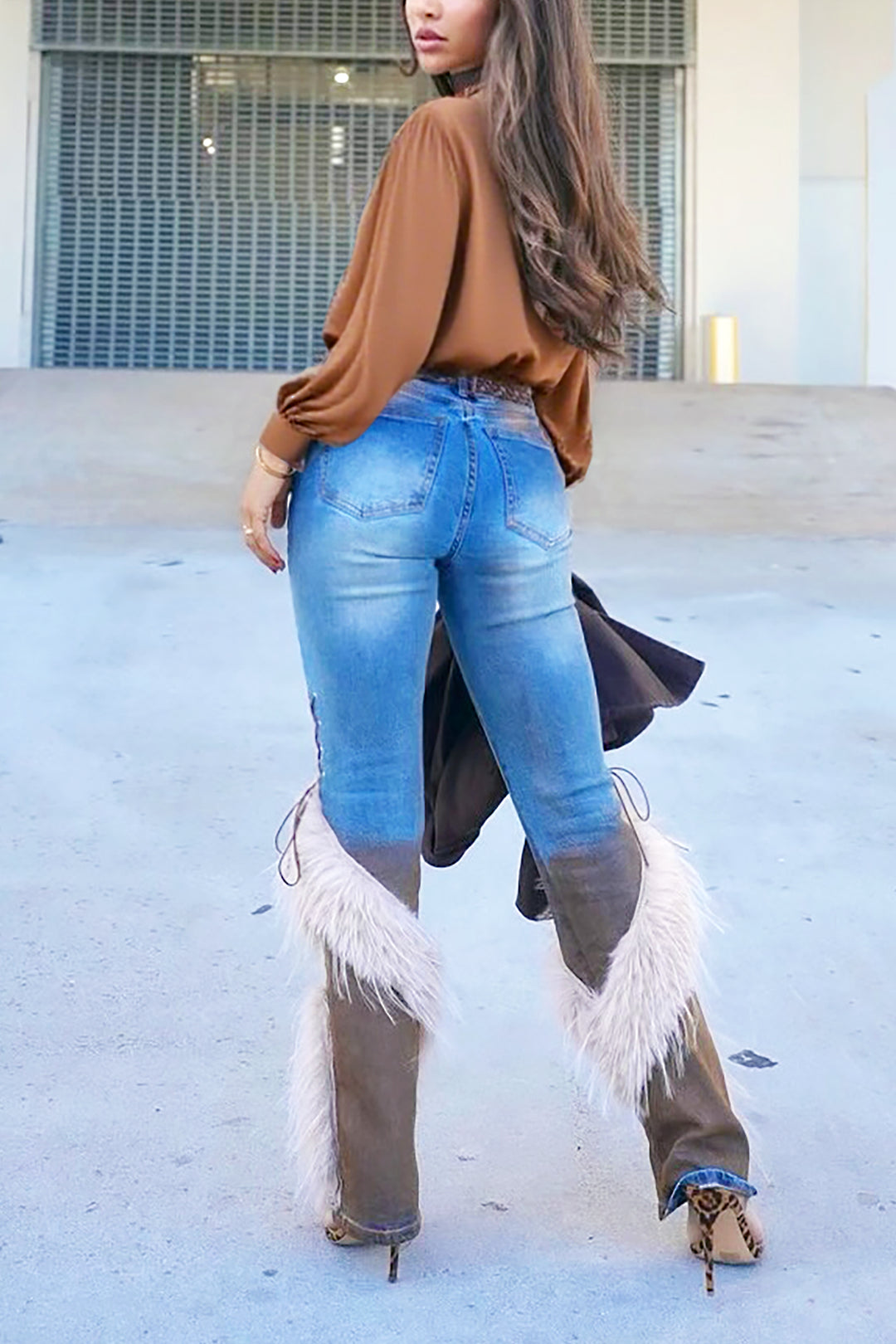 Western Color Block Lacing Faux Fur Bootcut Jeans