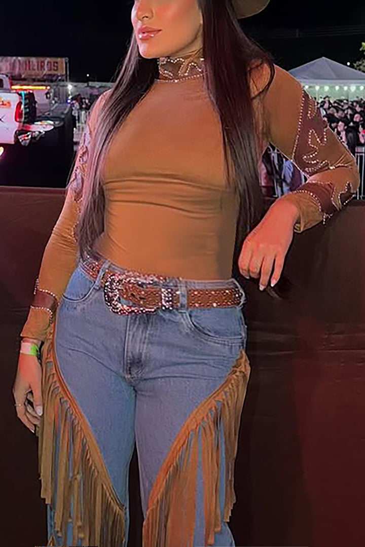 Western Rhinestone Leather Patchwork Short Top