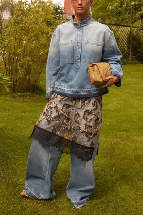 Stylish Washed Denim Jacket & Wide Leg Jeans Set