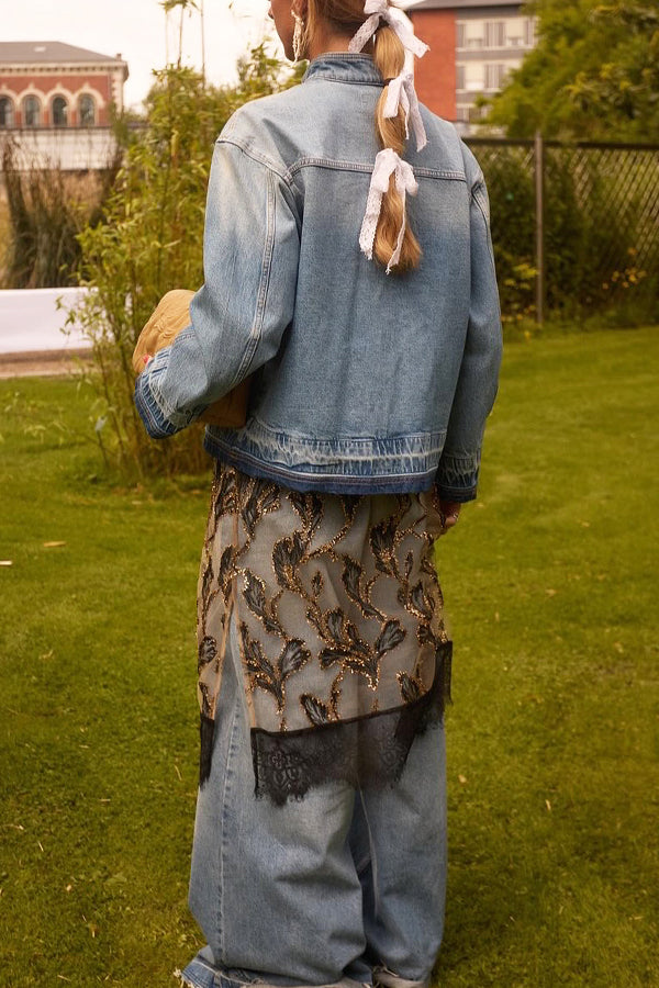 Stylish Washed Denim Jacket & Wide Leg Jeans Set