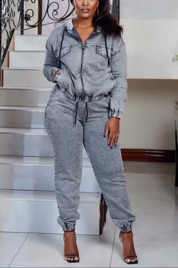 Street Style Denim Hooded Jacket & Jeans Set
