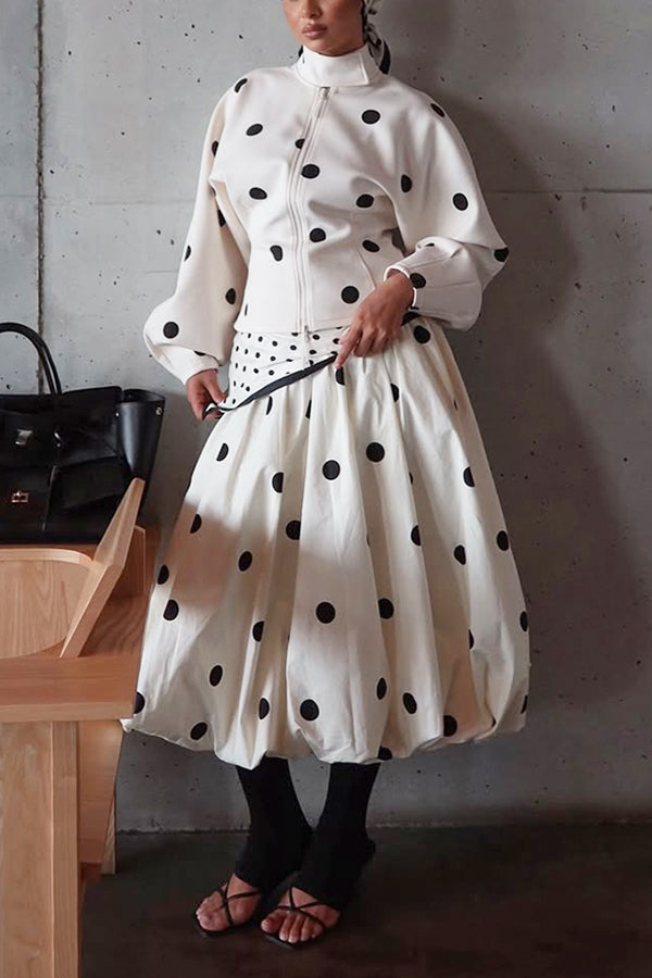 Romantic Polka Dot Print Jacket & Bud Skirt Set