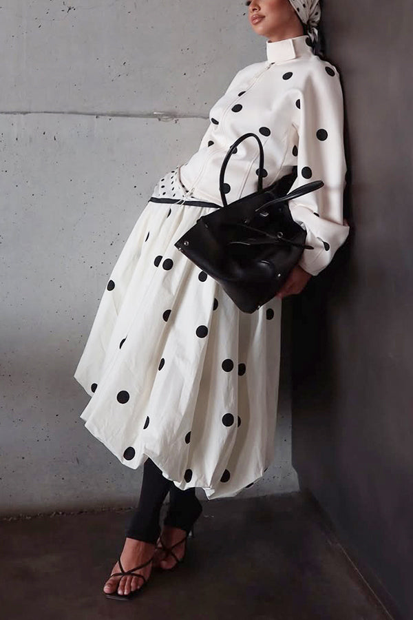 Romantic Polka Dot Print Jacket & Bud Skirt Set