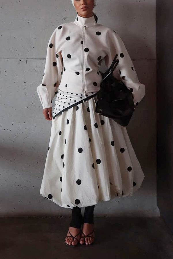 Romantic Polka Dot Print Jacket & Bud Skirt Set