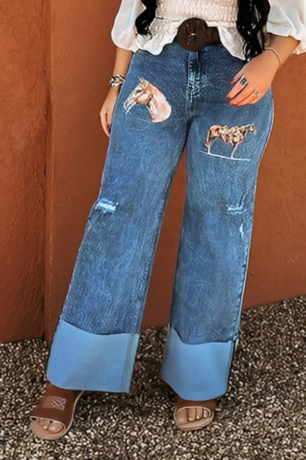 Western Animal Print Distressed Cuffed Wide Leg Jeans
