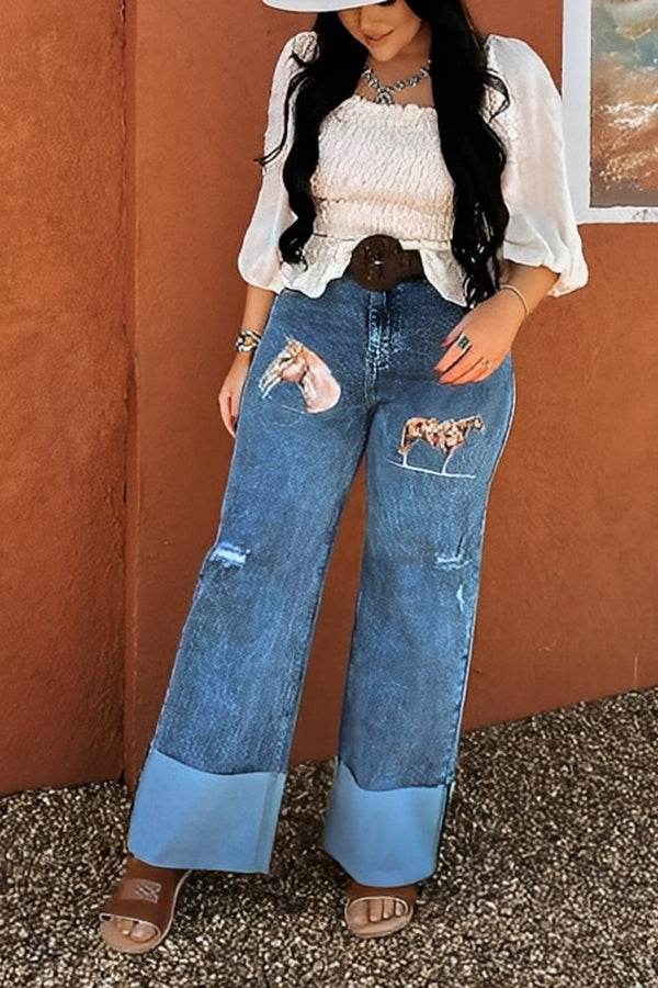 Western Animal Print Distressed Cuffed Wide Leg Jeans