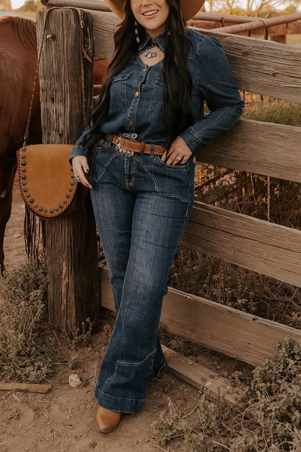 Western Beaded Denim Top & Wide Leg Jeans Set