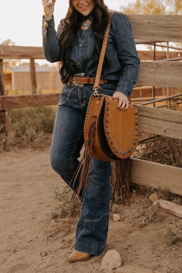 Western Beaded Denim Top & Wide Leg Jeans Set