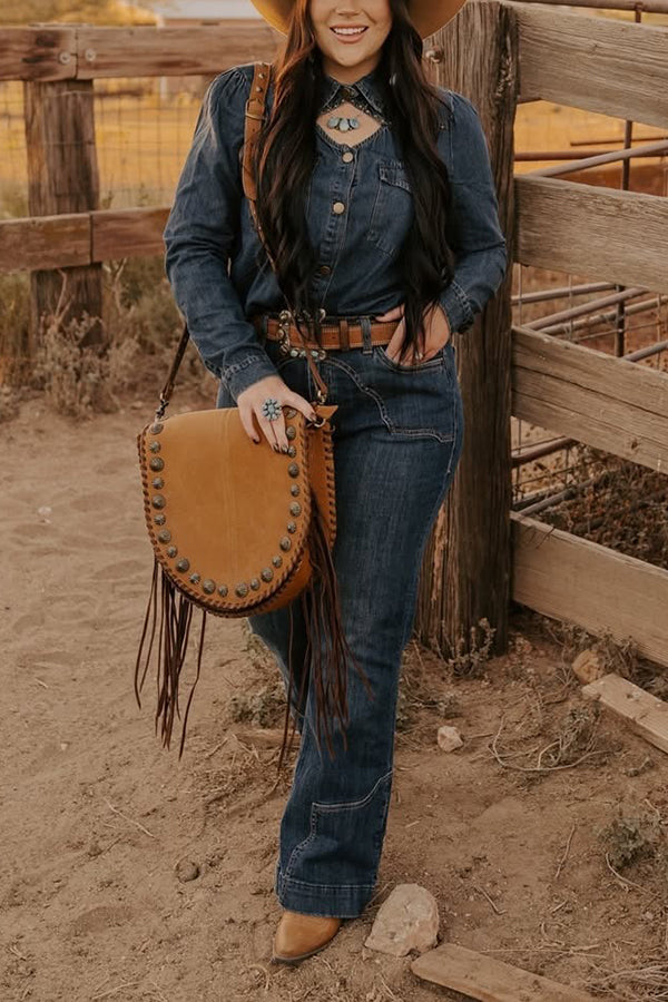 Western Beaded Denim Top & Wide Leg Jeans Set