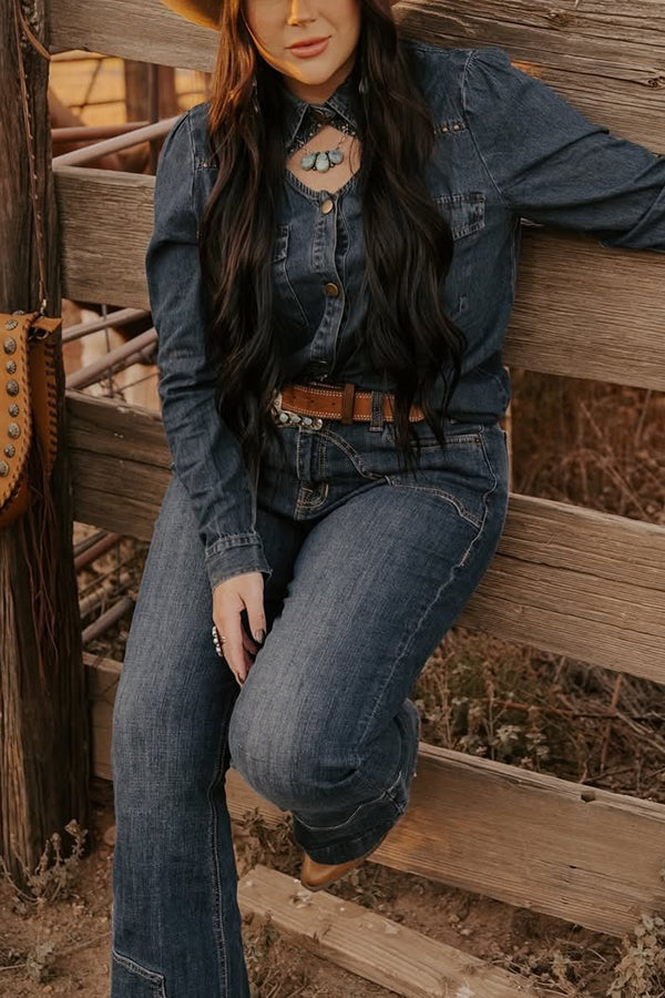 Western Beaded Denim Top & Wide Leg Jeans Set