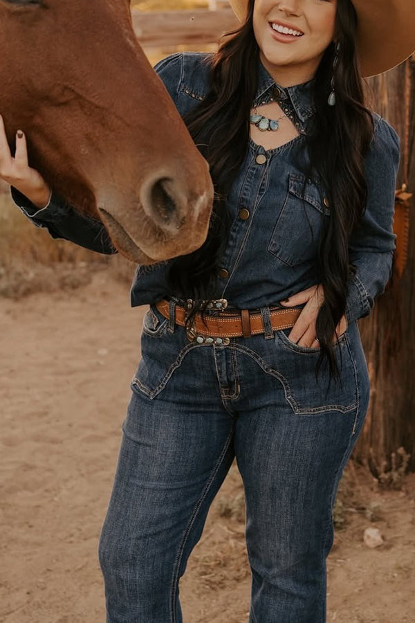 Western Beaded Denim Top & Wide Leg Jeans Set